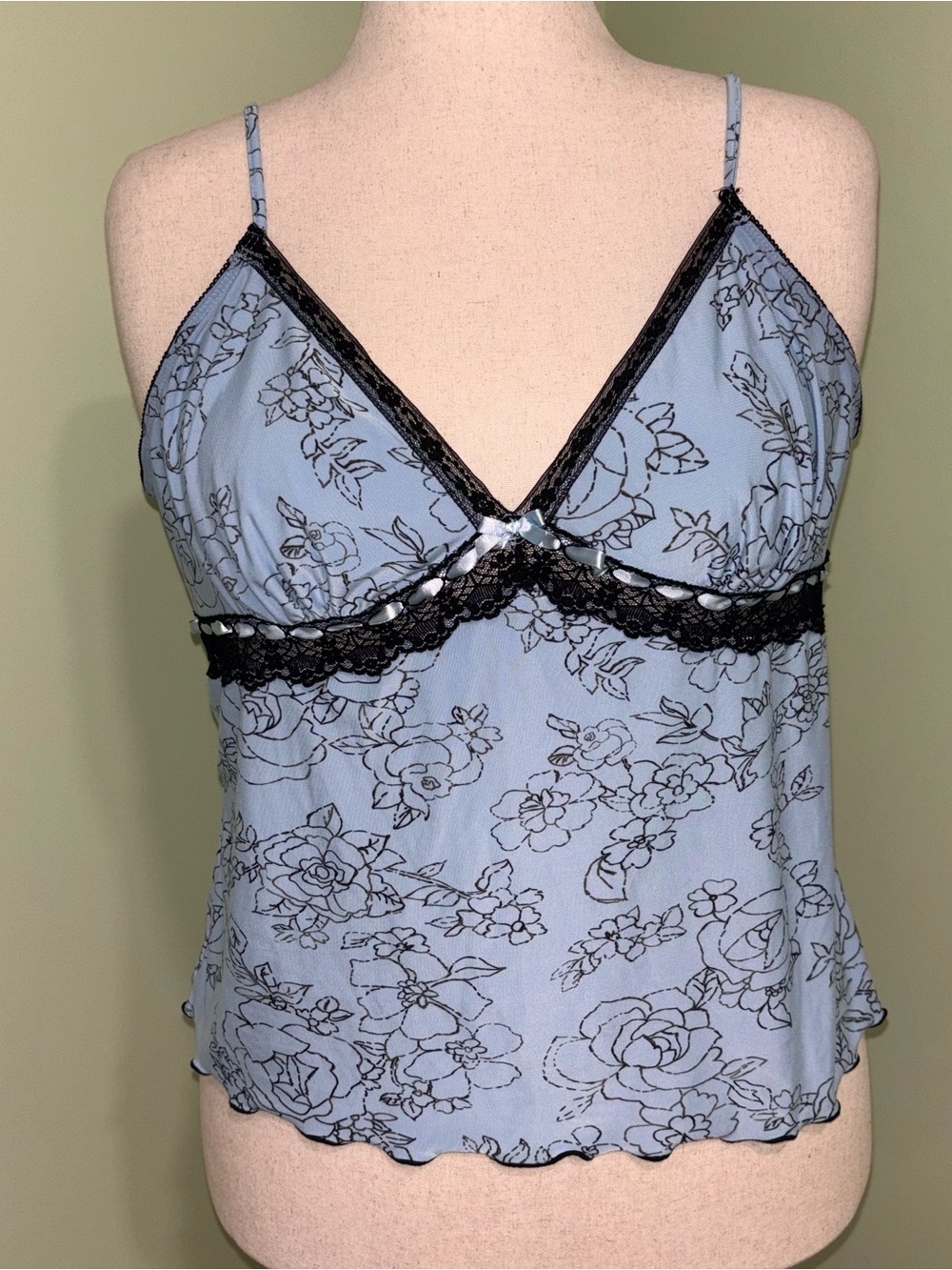 California Dynasty Y2K Blue Floral Camisole Lace Trim Fairy Boho Women’s Sz XL